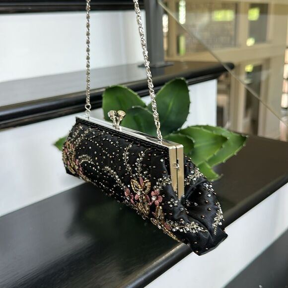 Vintage Embellished Evening Clutch Purse Beaded Floral Satin Bag Chain Strap - Picture 2 of 6